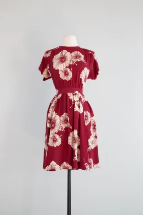 Beautiful 1930's Crimson Red Rayon Hibiscus Print Dress / Small