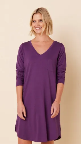 Classic Pima Knit Long-Sleeved Sleep Shirt - Aubergine