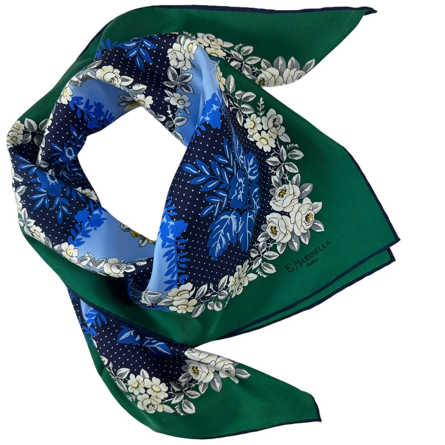 E. Marinella Scarf Green Navy Blue Floral Design  - Twill Silk Square Foulard