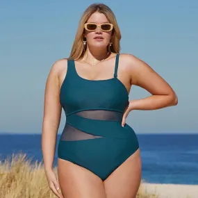 Mesh Swimsuit for Plus Size Women - Solid One Piece with One Shoulder and Removable Padded Cups